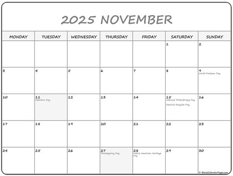 November 2025 Monday Calendar Monday To Sunday