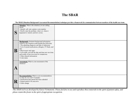 SBAR Form SBAR Template The SBAR The SBAR Situation Background Assessment Recommendation