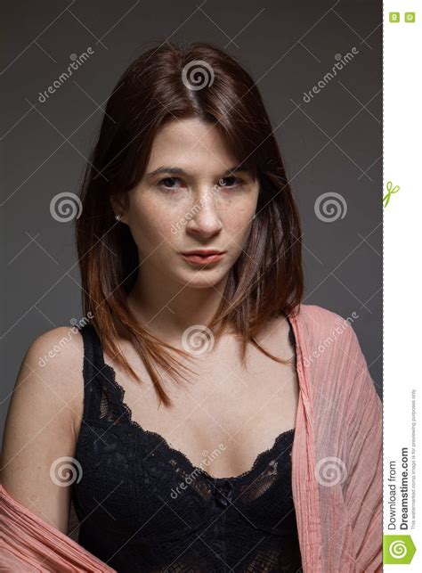 Freckled Woman Wearing Underwear And A Pink Pashmina Scarf Loo Stock Image Image Of Pretty