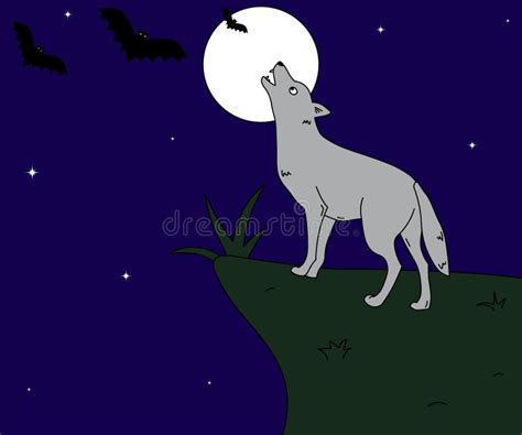 Children S Illustration Where A Wolf Howls At The Moon At Night Stock