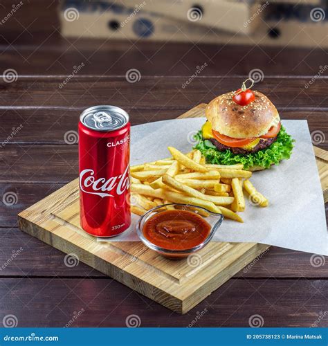 Cola Burger And French Fries Set With Sauce Editorial Stock Photo