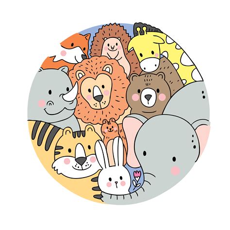 Cartoon Cute Face Wildlife Animals Vector Doodle Circle Frame 621738