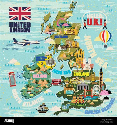 Lovely United Kingdom Travel Map With Attractions Icon Stock Vector