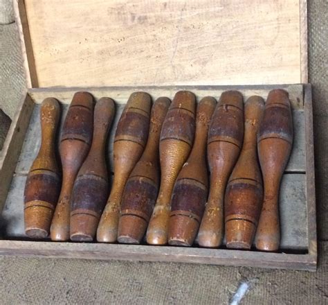 Antique Miniature Wooden Bowling Pins Game Set Of 10 Small Wooden