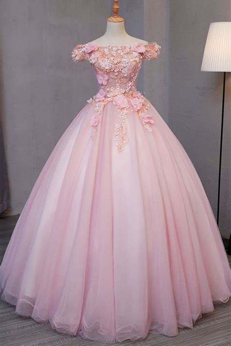 Pink Tulle Puffy Off Shoulder Long Formal Prom Dress Ball Gowns Sweet 16 Dresses Formal Prom