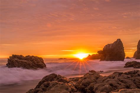 Wallpaper : ocean, California, sunset, cliff, Sun, beach, water, rocks ...