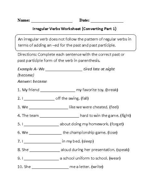 Irregular Verbs Worksheet Pdf