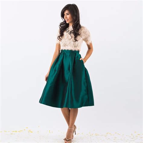 Best Quality Emerald Green Satin Skirt High Waist Knee Length Pleated