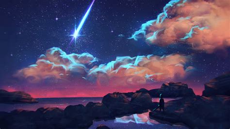 Digital Art Clouds Shooting Stars Night Comet Hd Wallpaper