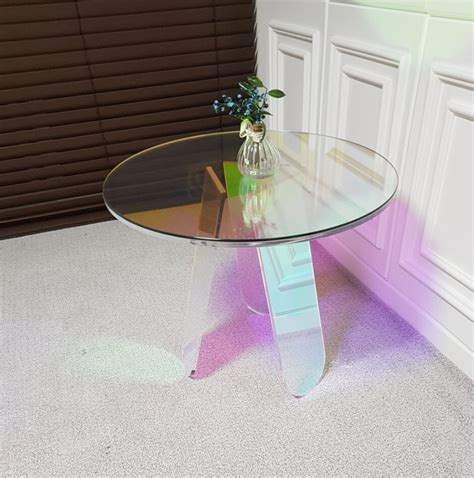 Round Glass Top Iridescent Acrylic Side Table Etsy