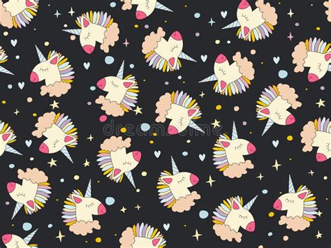 Hand Drawn Seamless Vector Pattern With Cute Unicorns Clouds And Stars
