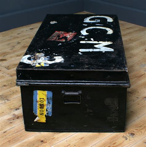 Attractive Antique Black Painted Metal Chest Storage Shipping Trunk Toy