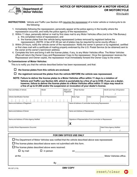 Nys Dmv Form Mv 327 Notice Of Repossession Of Motor Vehicle Or