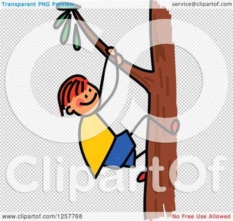 Clipart Of A Red Haired White Stick Boy Climbing A Tree Royalty Free