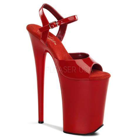 9 Inch Heel Red Patent Ankle Strap Sandals Pleaser Infinity 909