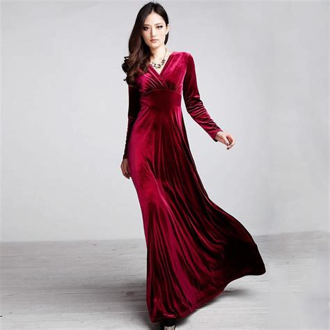 Women Elegant Gold Velvet Long Dress Womens Sexy V Neck Autumn Long