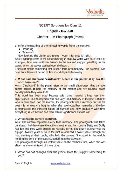Ncert Solutions For Class 11 English Hornbill Chapter 1 Poem A