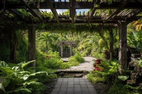 Pergola With View Of Garden And Tumbling Waterfall Surrounded By Lush