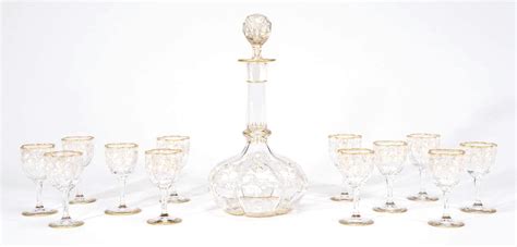 19th Century Moser Quatrefoil Decanter With 12 Dessert Wine Goblets Goblets And Stemware Elise