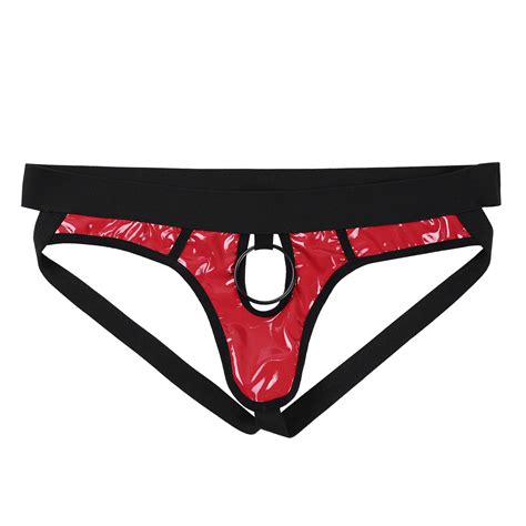 mens briefs faux leather hollow out jockstrap sexy g string low rise thong black red men sexy