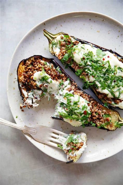 loaded grilled eggplant recipe with creamy sauce lexi s clean kitchen