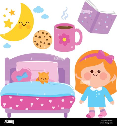 Cute Girl Getting Ready For Bed At Night Vector Illustration Collection Stock Vector Image
