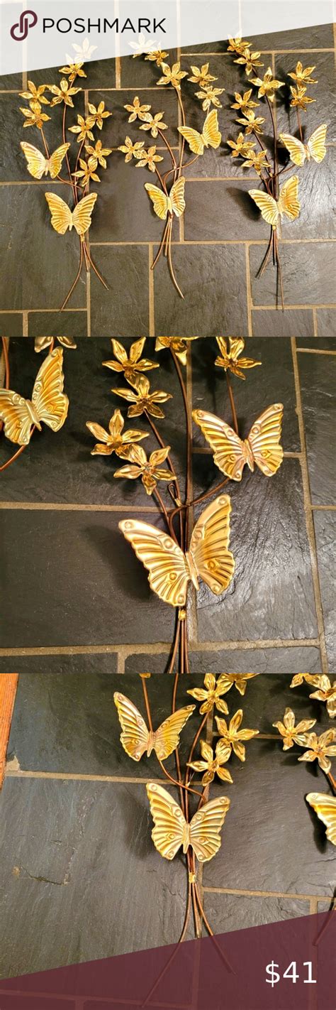 Vintage Set Of 1970s Brass And Copper Butterfly Flowers Wall Sculptures