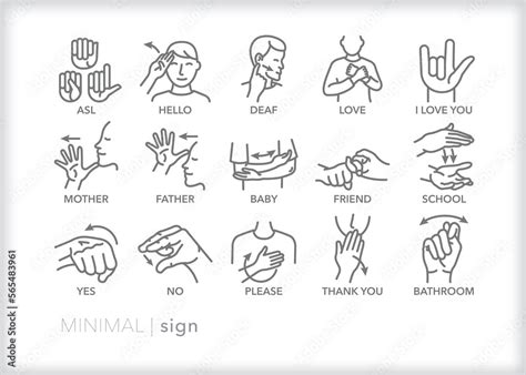 Set Of Common Asl American Sign Language Words Depicted As Line Icons Stock Vector Adobe Stock