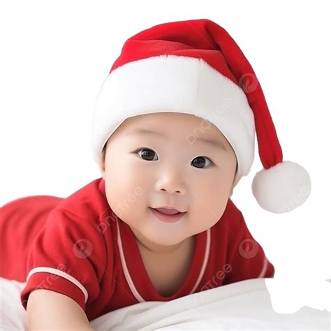 Asian Baby Boy In Santa Claus Dress On White Bed For Christmas Day