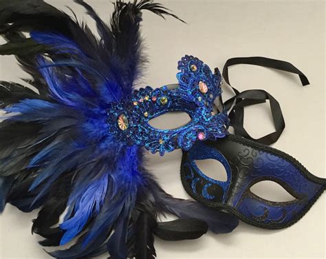 Couples Masquerade Ball Party Blue Brocade Lace Mask Mask Pair Etsy