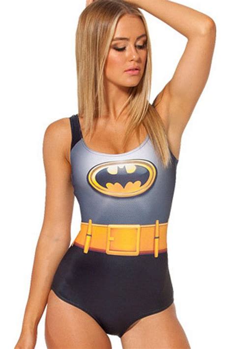 Women Batman Print Bodysuit One Piece Swimsuit Black Grey One Size