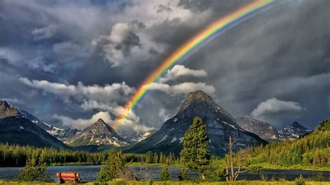 1920x1080 1920x1080 Sky Forest Mountains River Bench Rainbow