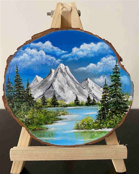 Miniature Acrylic Painting On A Wooden Slice Mountainscape Imagicart