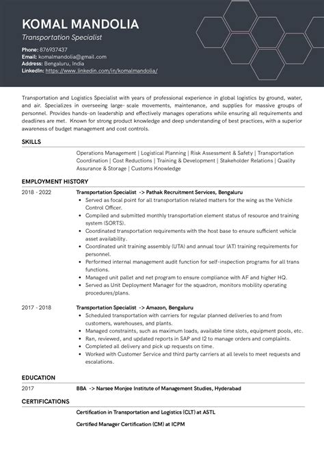 Sample Resume Of Transportation Specialist With Template And Writing