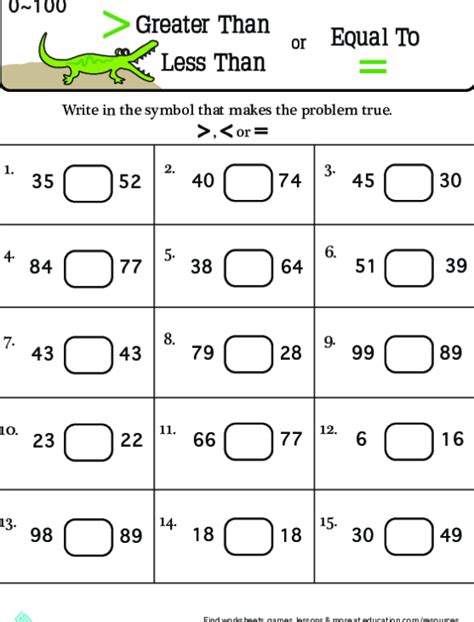 2nd Grade Math Worksheets Greater Than Less Than Equal To Greater