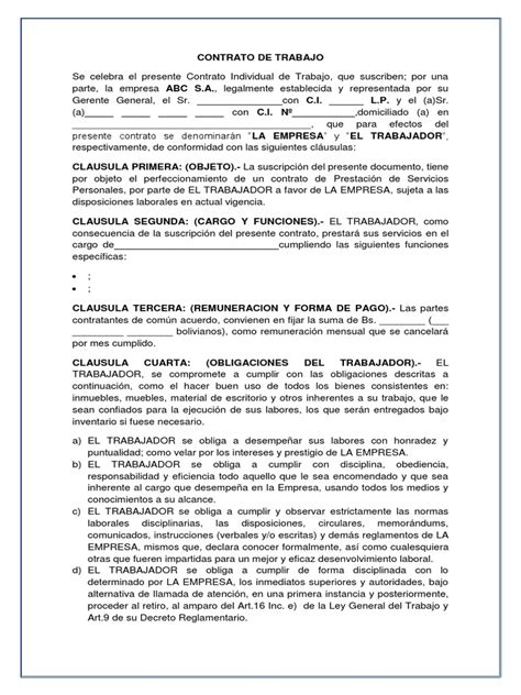 Modelo Contrato De Trabajo Indefinido Bolivia Pdf Derecho Laboral