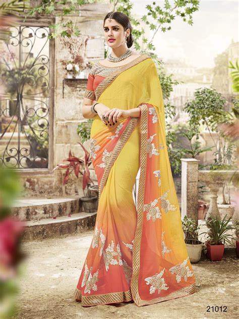 Georgette Yellow And Orange Color Combination Saree With Blouse Piece Rs 1540 Piece Id