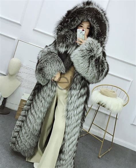 Real Fur Coat And Jacket Full Length Silver Fox Fur Long Coat With Hood