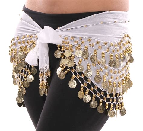 White Chiffon Belly Dance Hip Scarf With Beads And Gold Coins