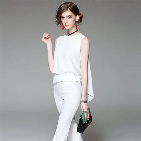 2017 summer runway fashion elegant casual white chiffon pant suits 2 piece set women sleeveless