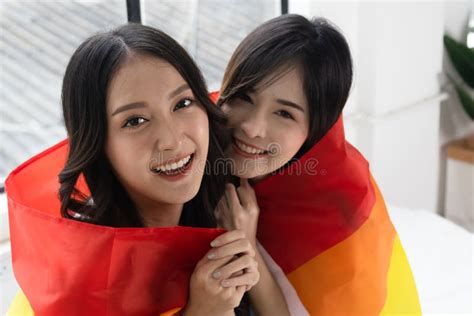 Asian Lgbt Couple Or Lesbian Couple Happy Young Asia Homosexual Women Sit On Bed Cute Girls