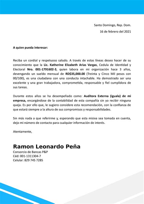 Modelo De Carta De Recomendacion Laboral Santo Domingo Rep Dom