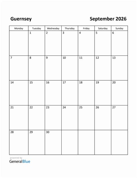 Free Printable September 2026 Calendar For Guernsey