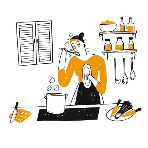 Hand Drawn Young Woman Cooks In Her Kitchen 1222240 Vector Art At Vecteezy