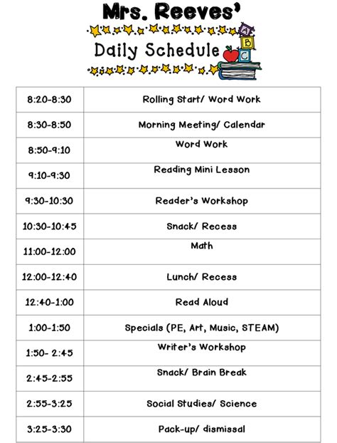 Daily Schedule Welcome To Mrs Reeves First Grade