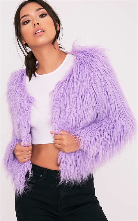 liddie lilac faux fur shaggy cropped jacket coats and jackets prettylittlething