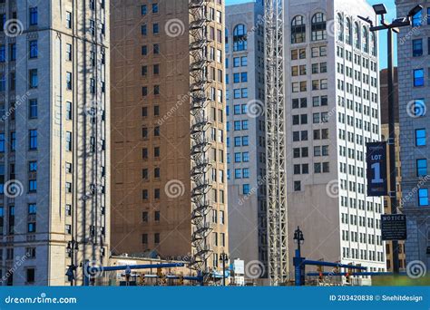 Row Of Several Tall Buildings In Downtown Detroit Editorial Stock Photo