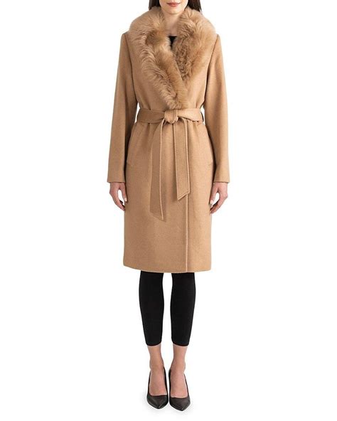 Sofia Cashmere Shearling Collar Wool Blend Wrap Coat In Natural Lyst