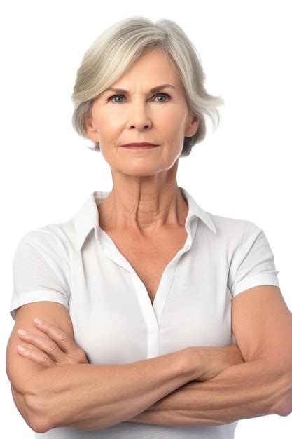 portrait d une femme mûre debout les bras croisés sur un fond blanc photo premium