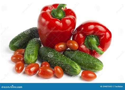 Sweet Red Bell Pepper Cucumbers And Tomatoes Stock Image Image Of